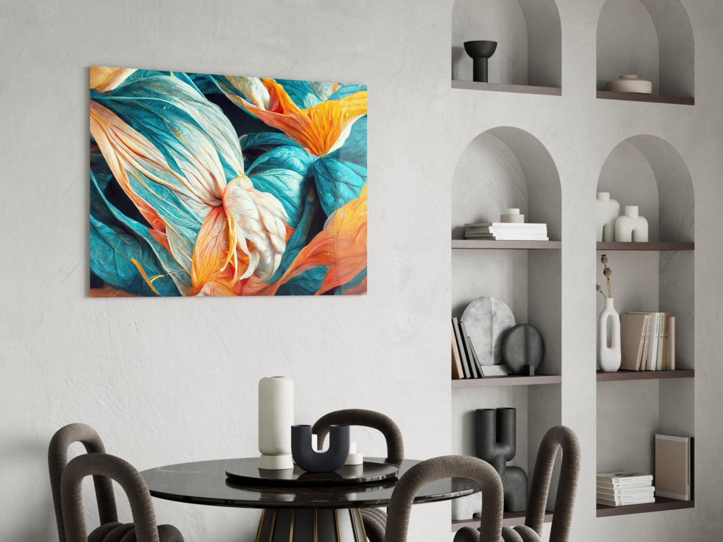 Colorful glass wall art featuring teal, orange, and yellow butterflies displayed above a black round dining table with gray chairs in a modern interior.