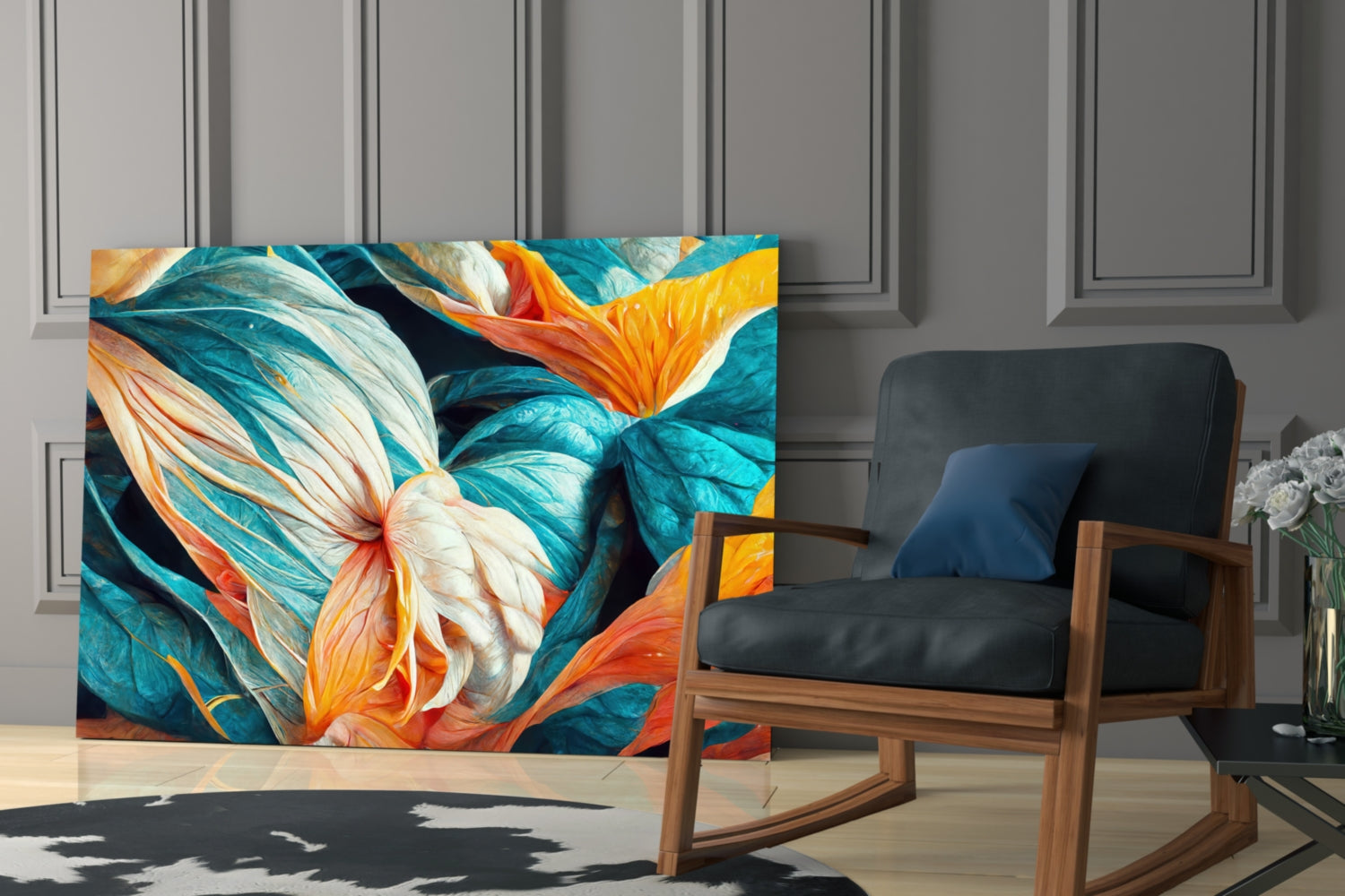 Colorful glass wall art featuring orange and white flowers with teal leaves displayed in a modern living room next to a wooden chair.