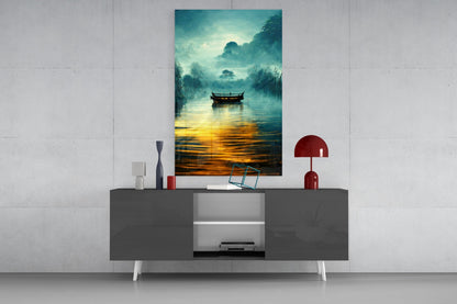 Foggy Lake Boat at Amber Dawn Glass Wall Art