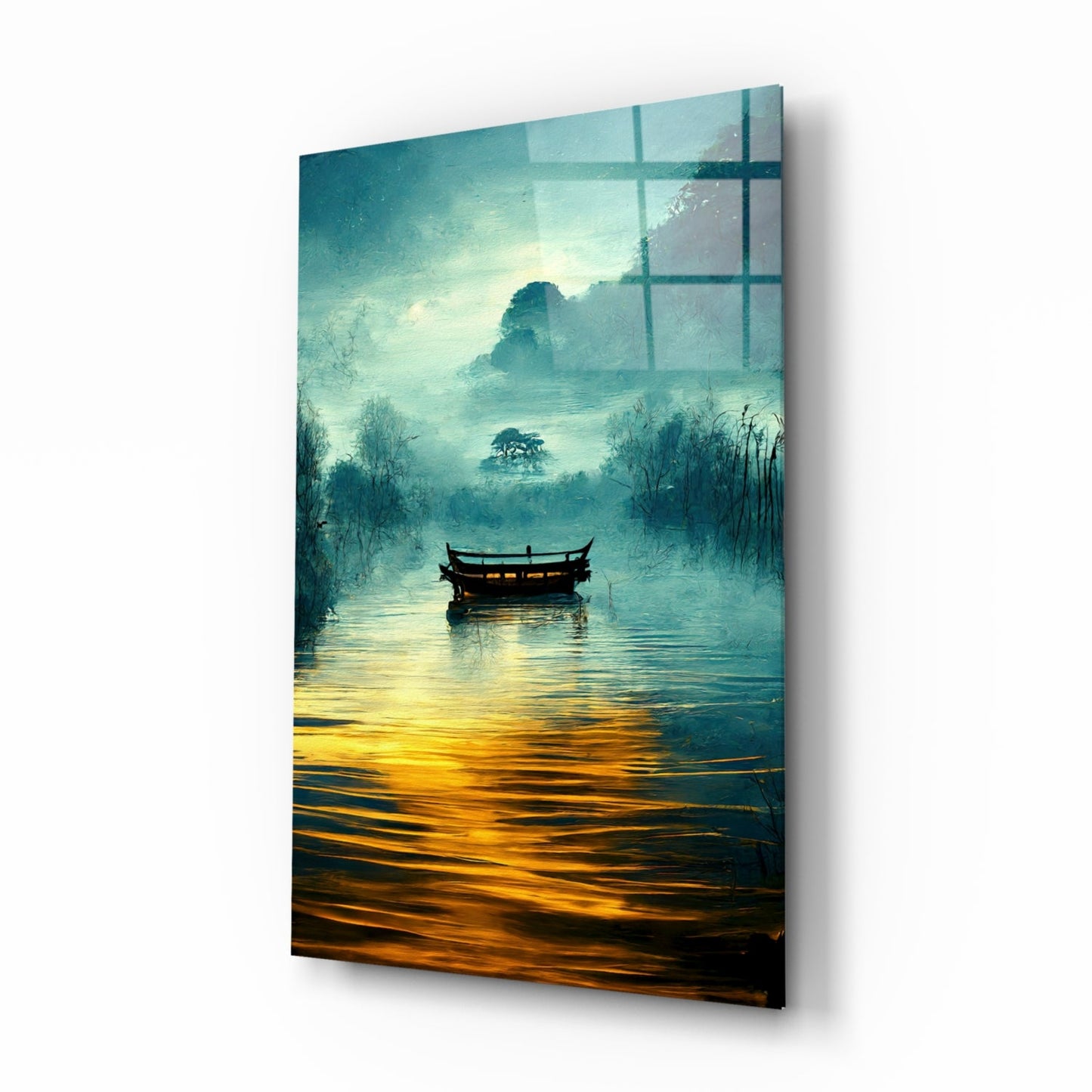 Foggy Lake Boat at Amber Dawn Glass Wall Art
