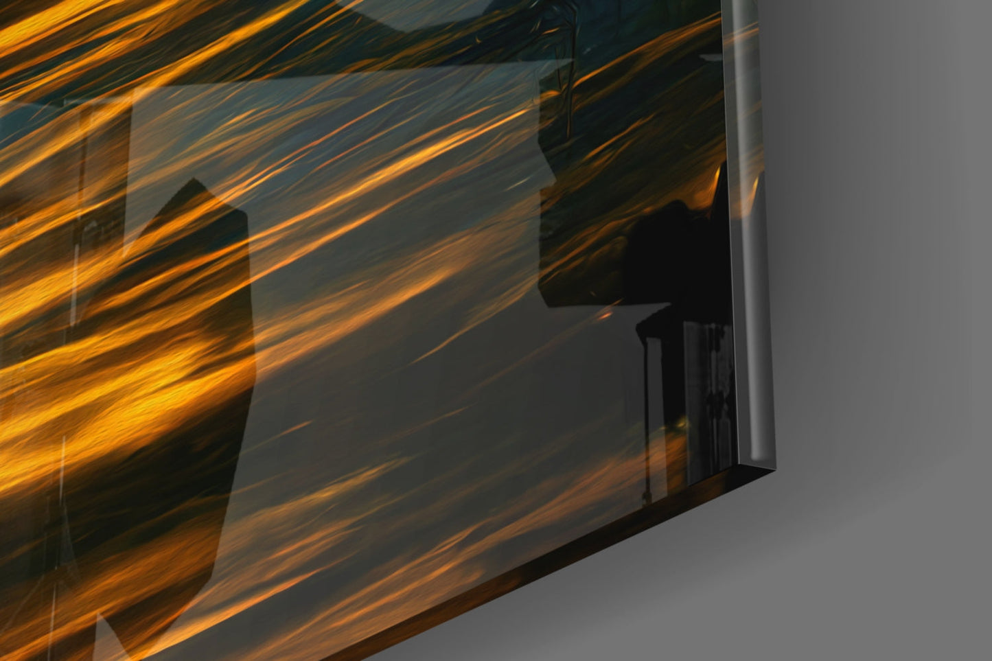 Foggy Lake Boat at Amber Dawn Glass Wall Art