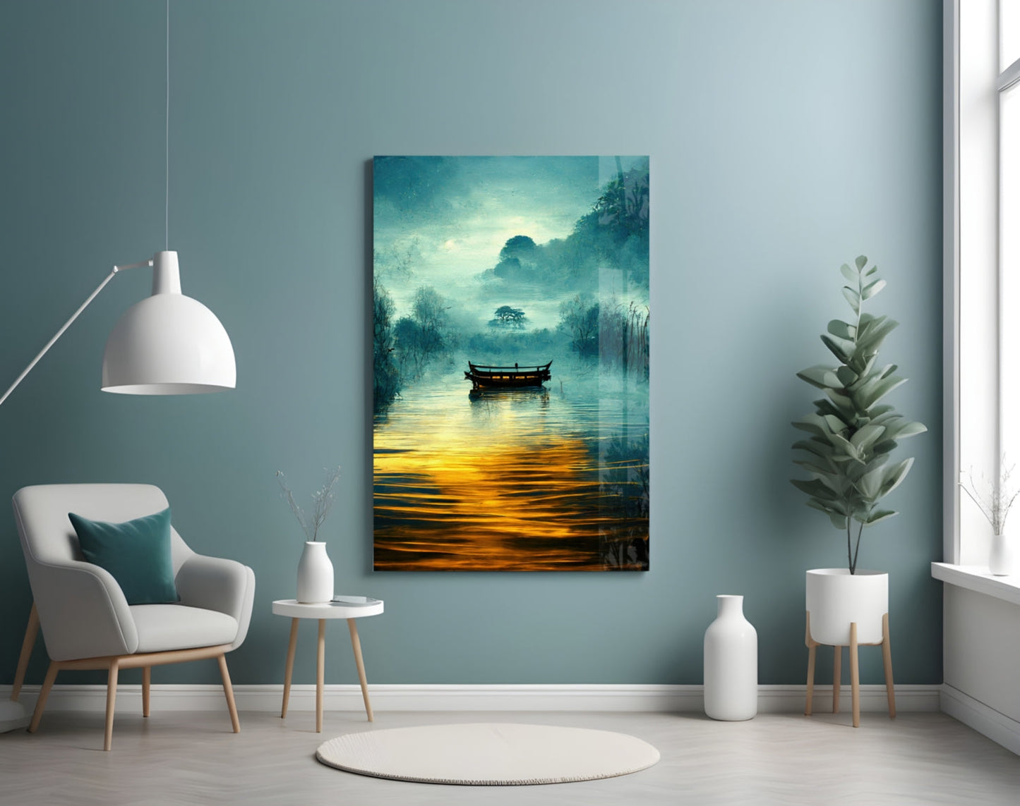 Foggy Lake Boat at Amber Dawn Glass Wall Art
