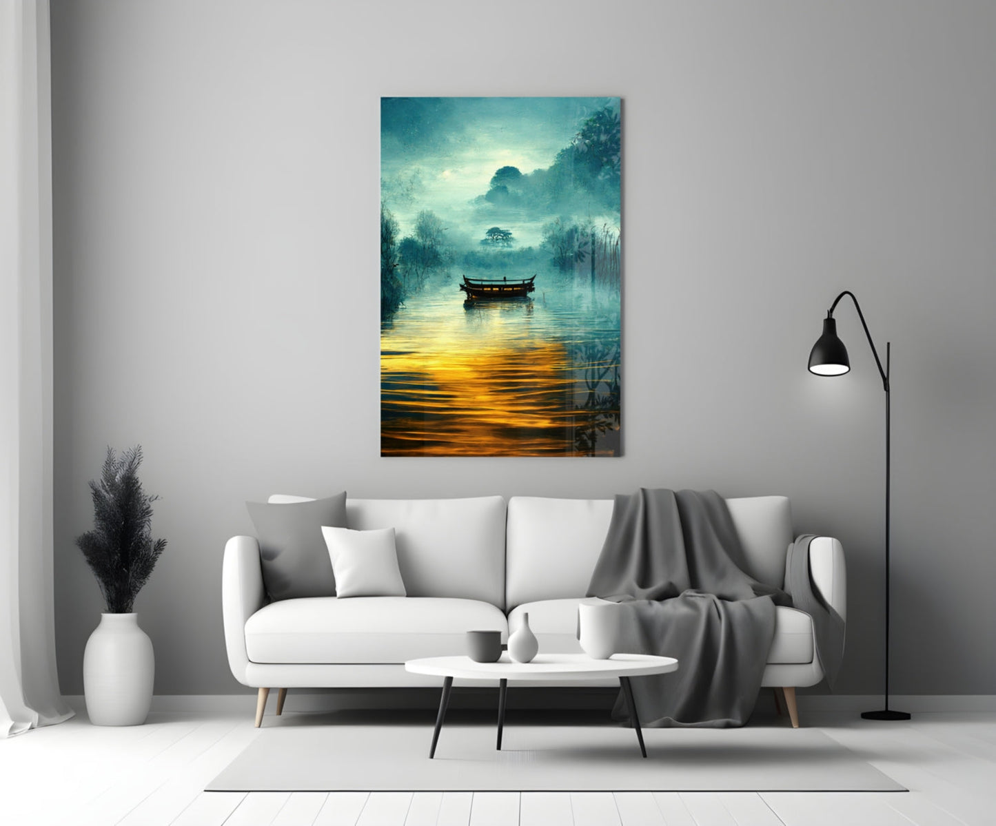 Foggy Lake Boat at Amber Dawn Glass Wall Art