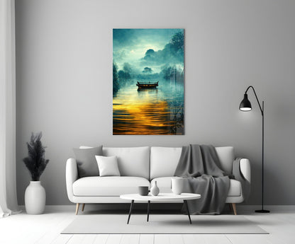 Foggy Lake Boat at Amber Dawn Glass Wall Art