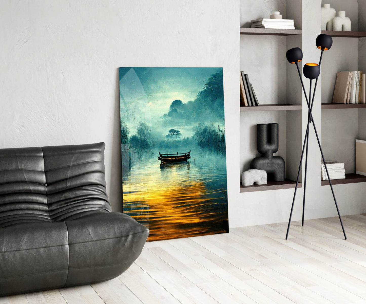 Foggy Lake Boat at Amber Dawn Glass Wall Art