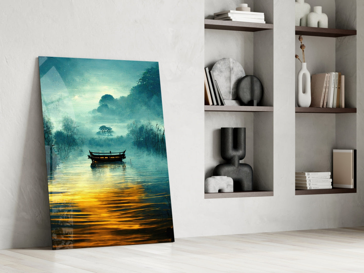 Foggy Lake Boat at Amber Dawn Glass Wall Art