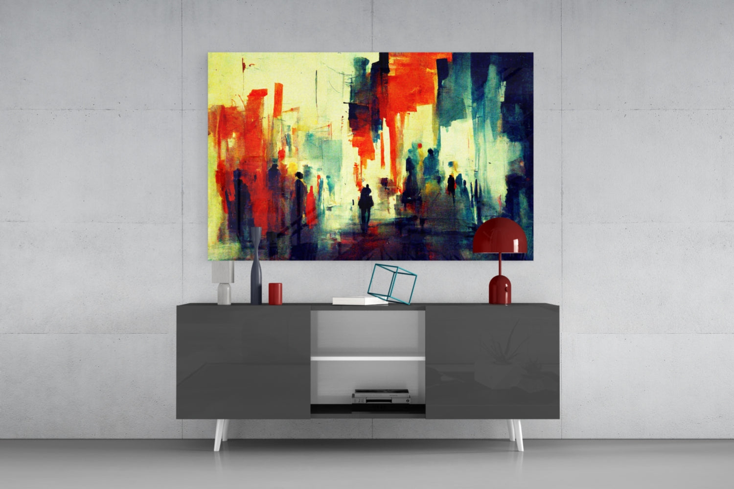 Colorful abstract street scene with red, yellow, and teal tones displayed above a dark media console in a modern interior setting.