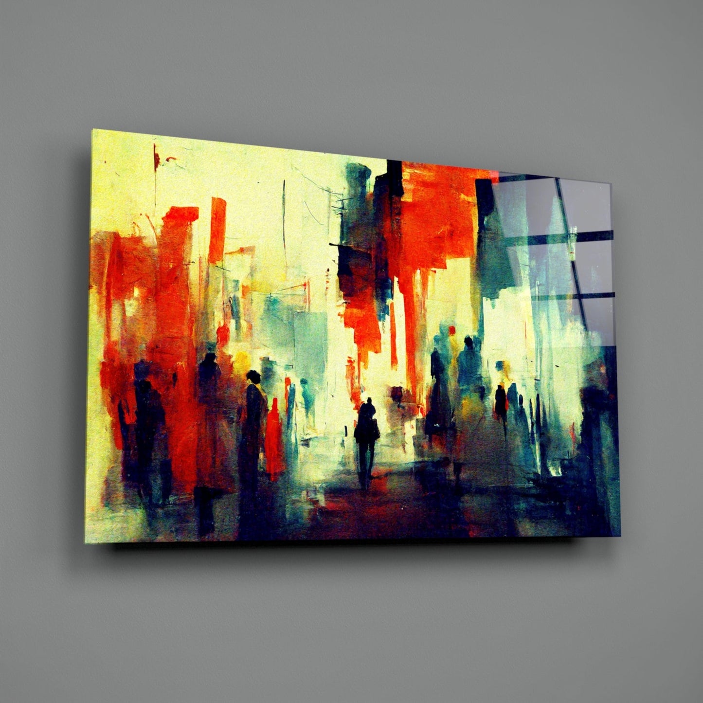 Abstract glass wall art depicting silhouetted figures in an urban street scene with vibrant red, yellow, and teal watercolor brushstrokes.