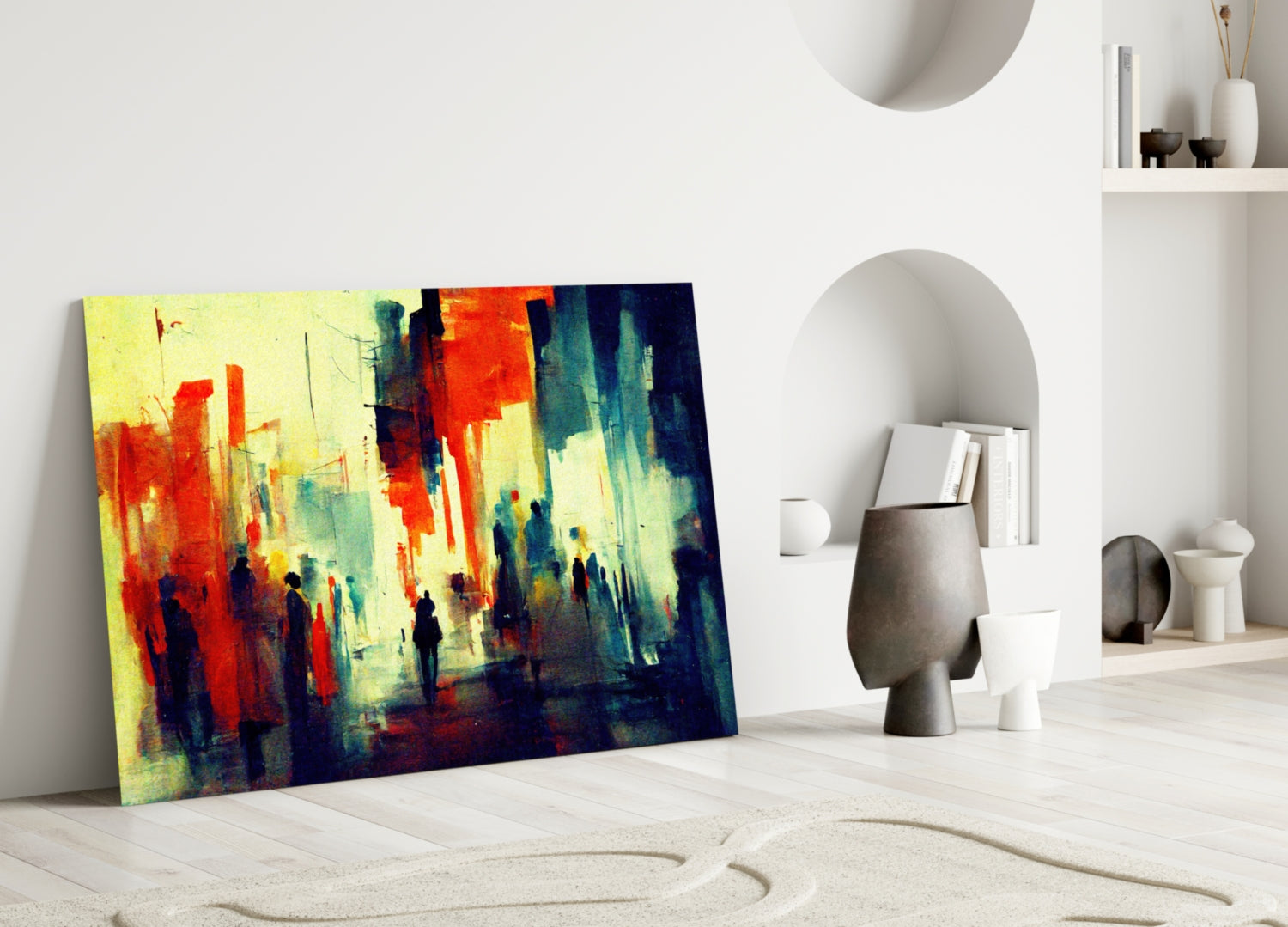 Colorful abstract canvas with yellow, red, and blue tones depicting silhouetted figures in urban setting, leaning against white wall in minimalist interior.