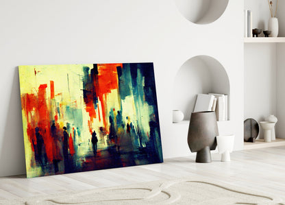 Colorful abstract canvas with yellow, red, and blue tones depicting silhouetted figures in urban setting, leaning against white wall in minimalist interior.