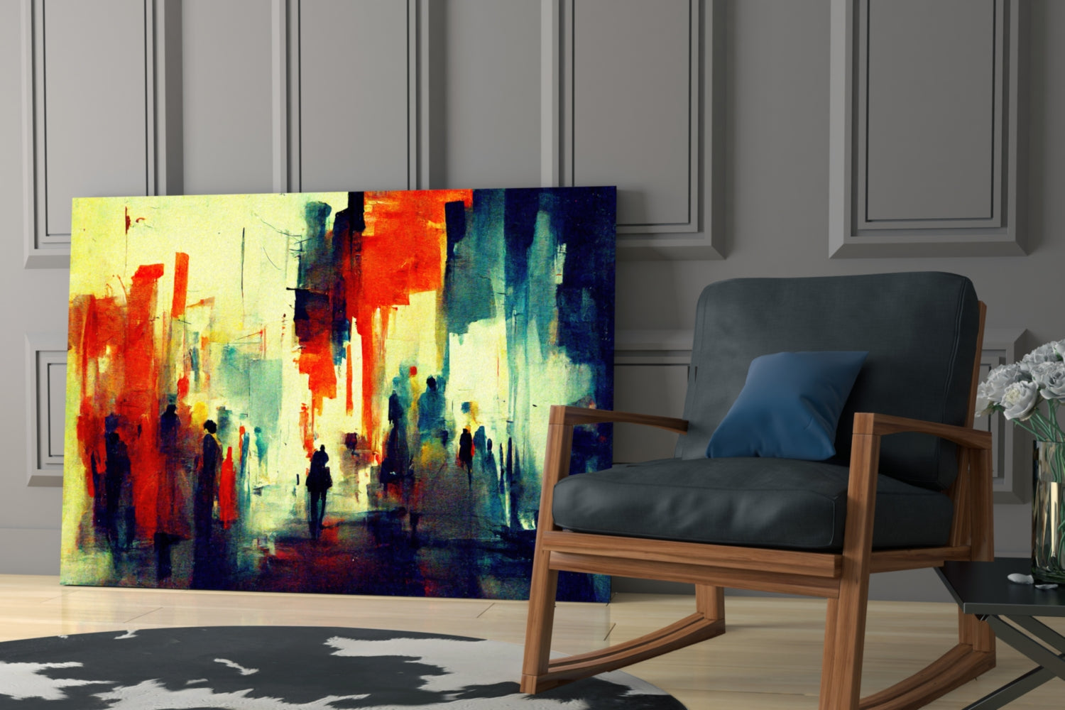 Abstract glass wall art featuring silhouetted figures in vibrant yellow, red, orange, and blue tones displayed in modern interior setting.