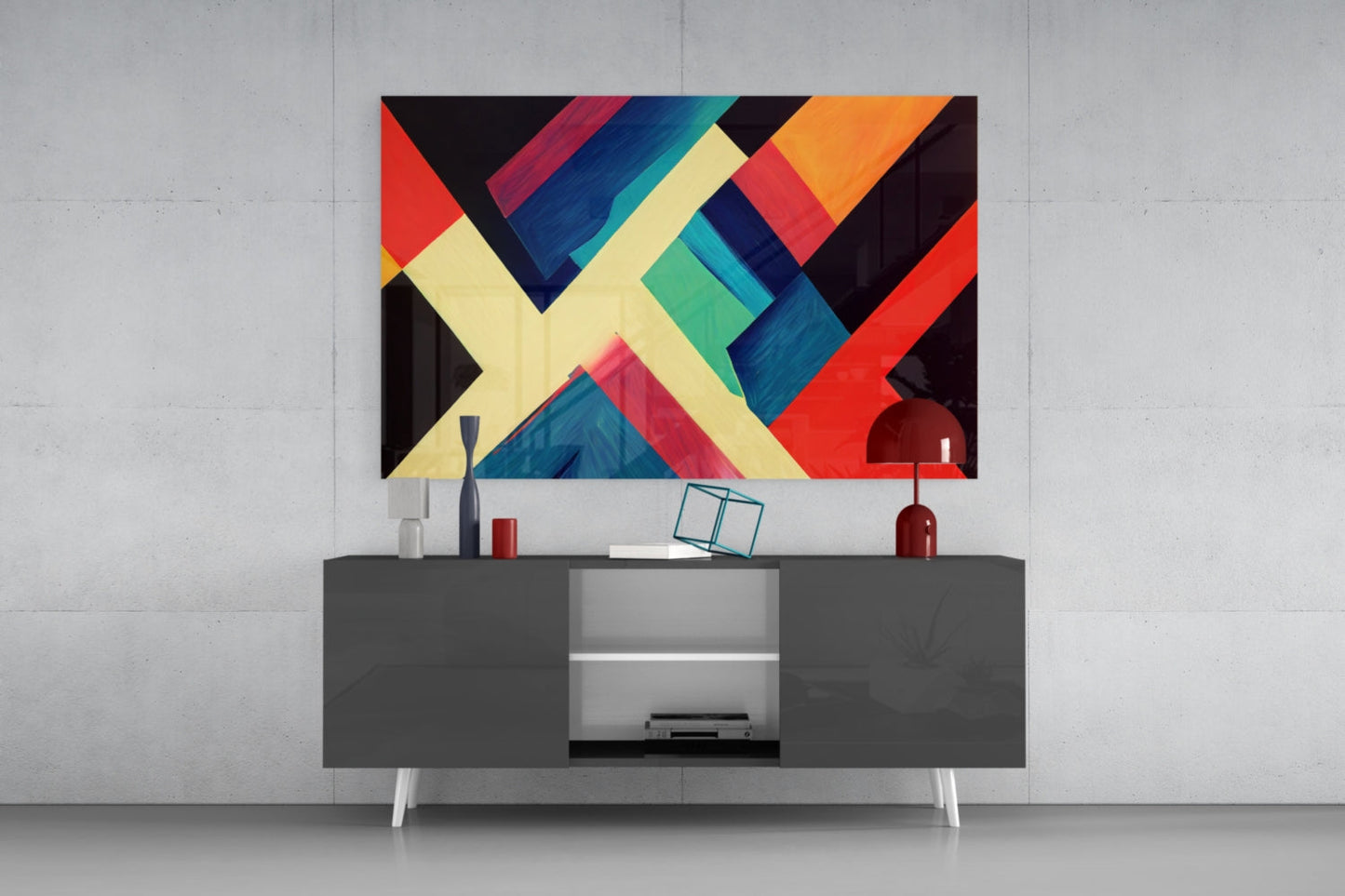 Ivory X Beam Orange and Red Blocks Glass Wall Art