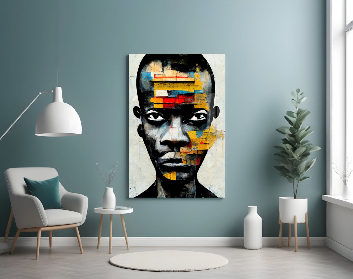 Yellow Paper Strip Collage Portrait Glass Wall Art