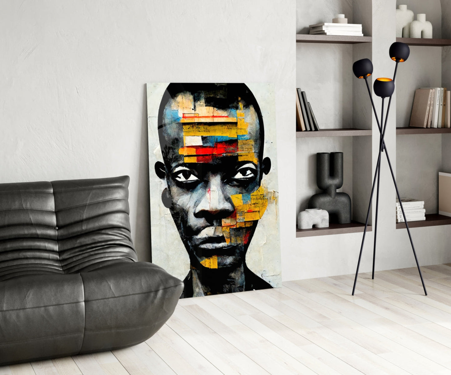 Yellow Paper Strip Collage Portrait Glass Wall Art
