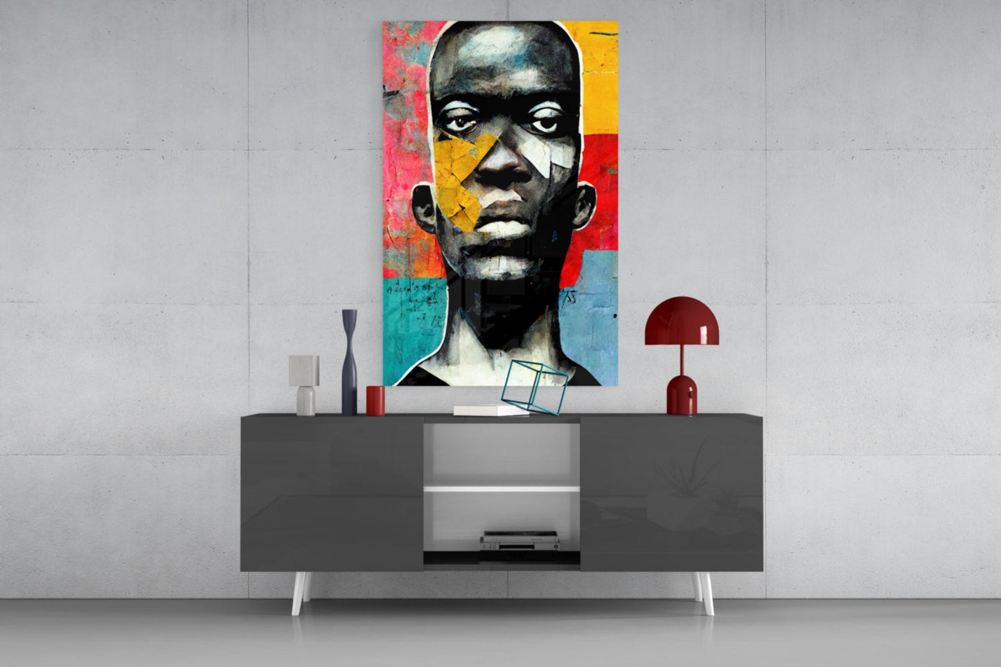 Red And Blue Collage Blocks Portrait Glass Wall Art