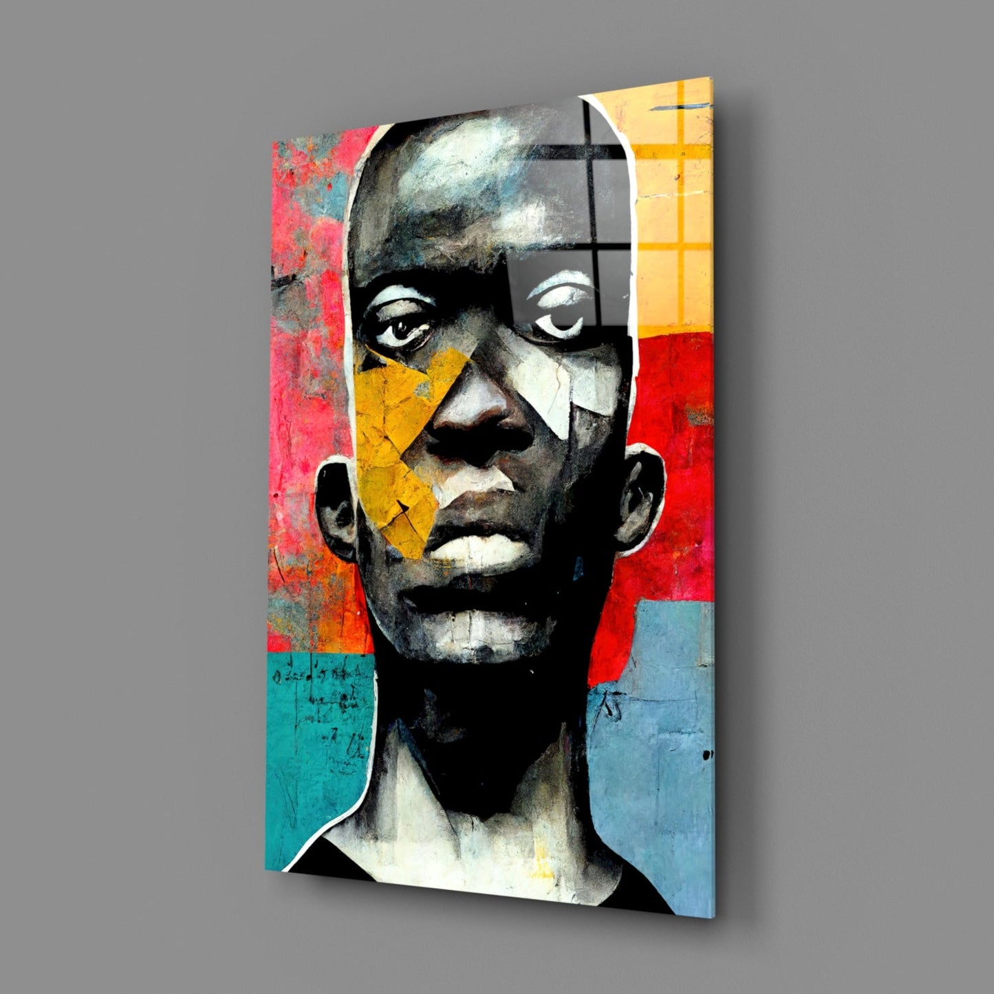Red And Blue Collage Blocks Portrait Glass Wall Art