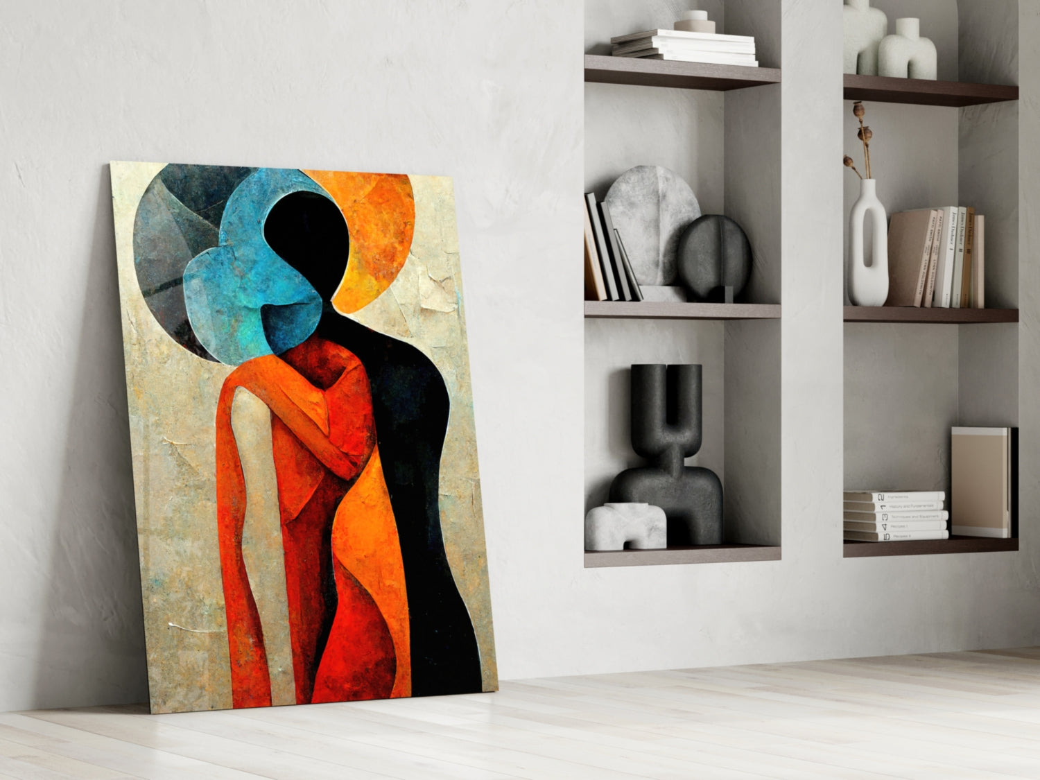 Colorful abstract glass wall art leaning against white wall beside shelving unit, featuring silhouette figure in red, orange, and blue tones.