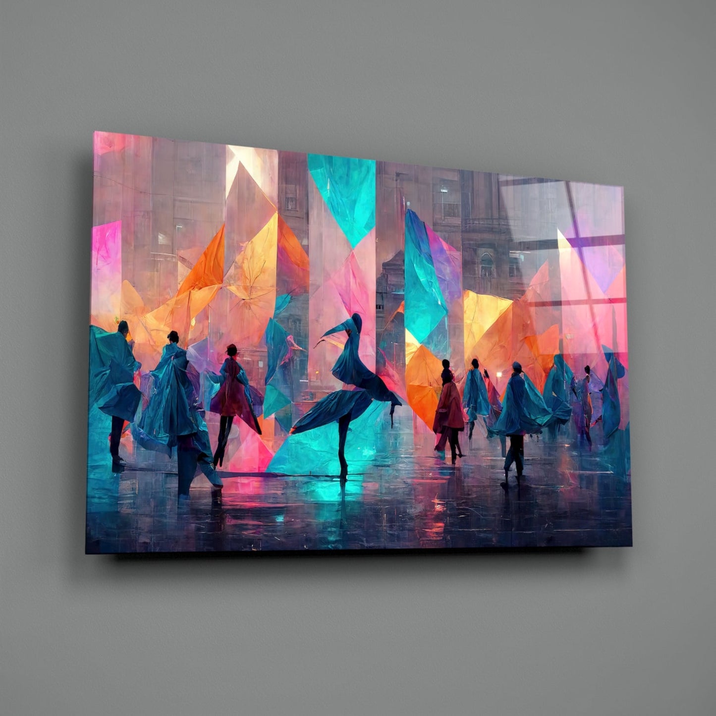 Glass wall art panel displaying silhouetted figures in wet urban setting with vibrant overlapping geometric shapes in pink, cyan, orange, and yellow tones.