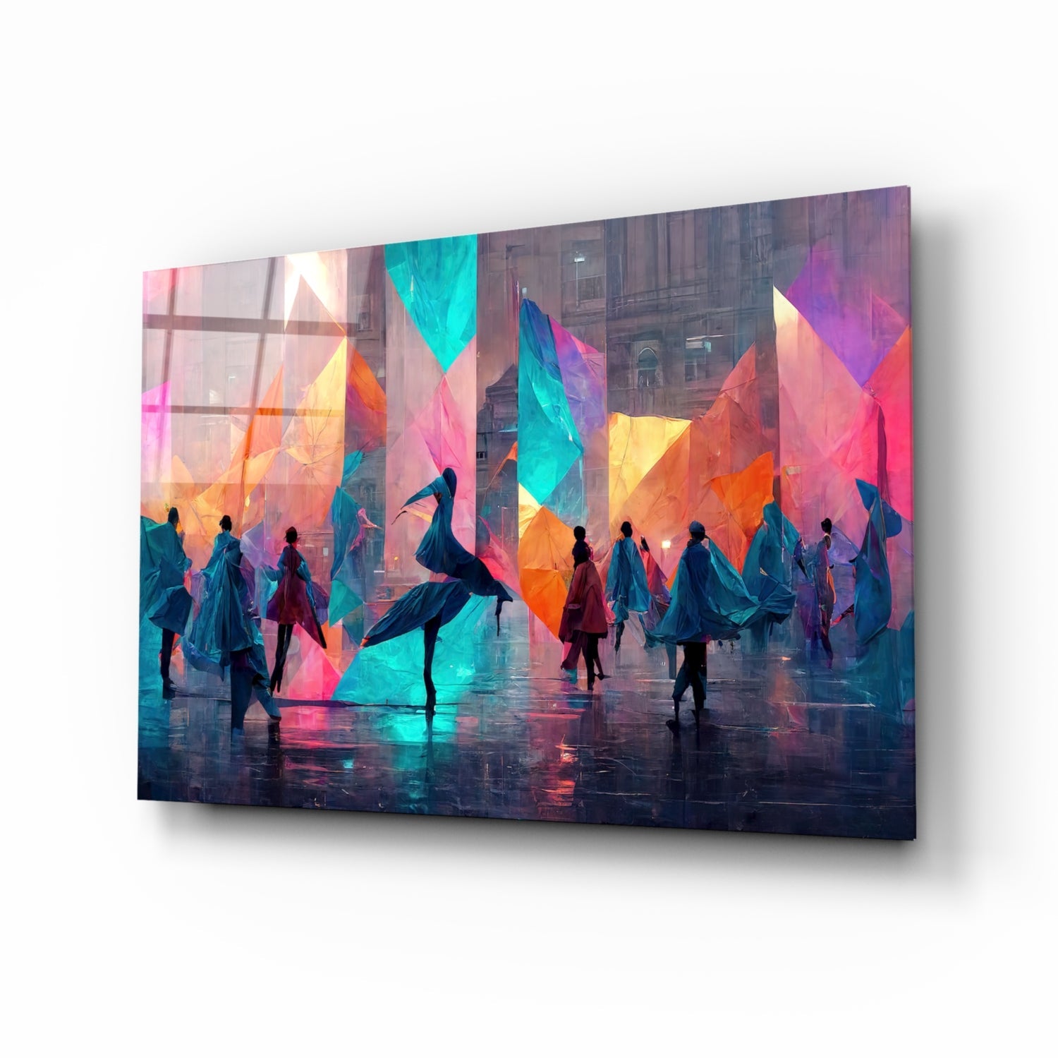 Angled perspective view of a glass wall art panel featuring silhouettes of people walking among vibrant neon-colored geometric shapes in pink, cyan, yellow, and orange.