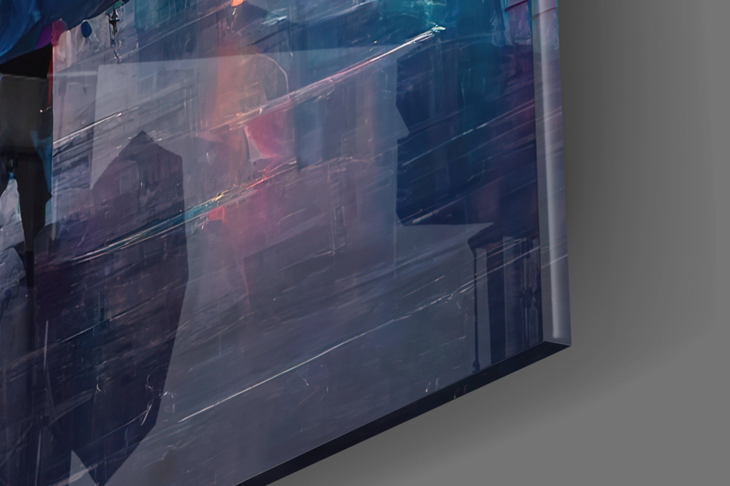 Angled side view of translucent glass wall art panel displaying layered architectural imagery in blue and red tones against white wall.