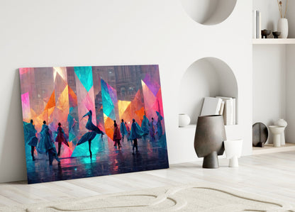 Colorful glass wall art leaning against white wall displays silhouetted figures holding vibrant geometric kites in urban setting.