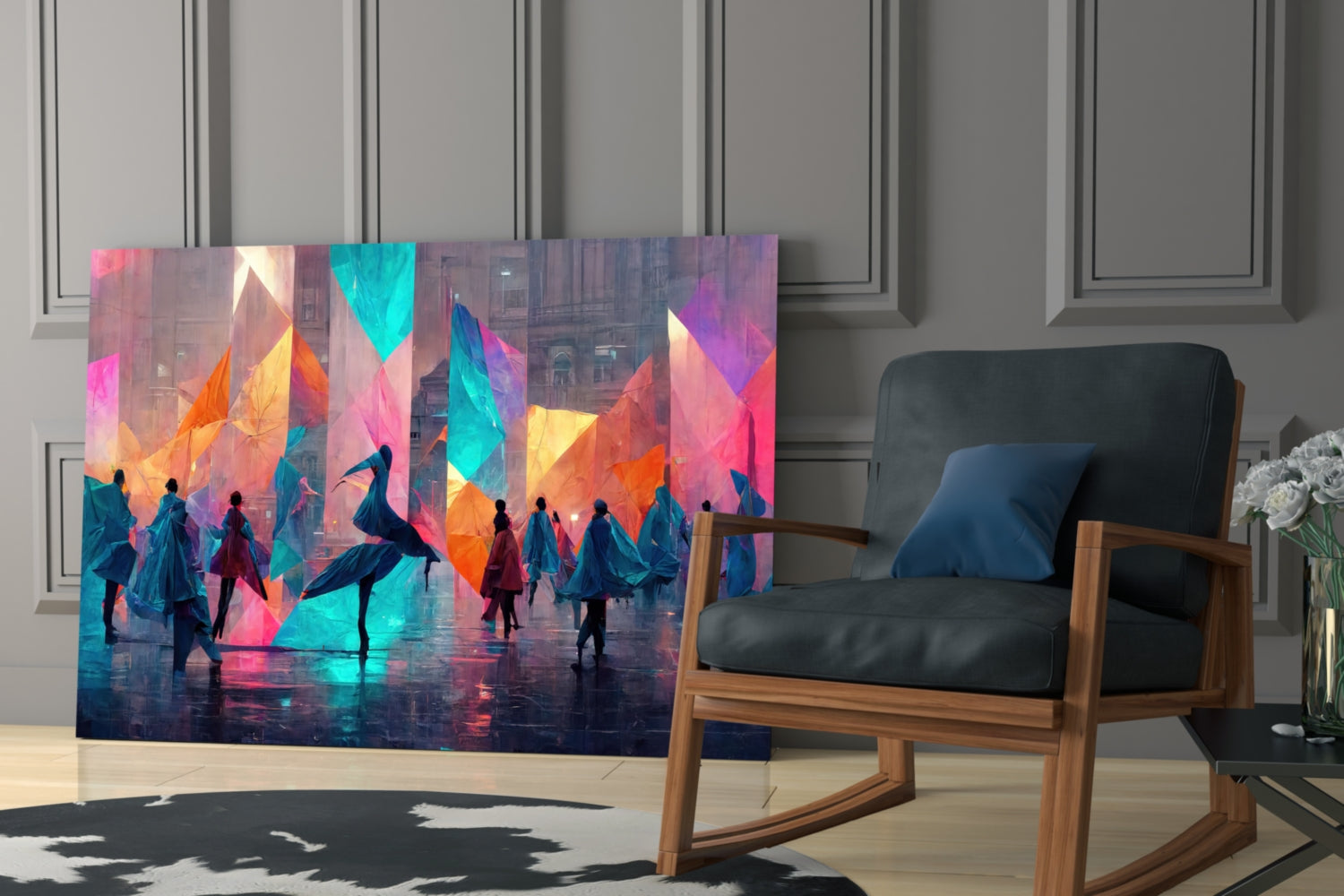 Colorful glass wall art featuring silhouetted figures with geometric overlays in vibrant pink, cyan, orange, and yellow tones displayed in modern living room setting.