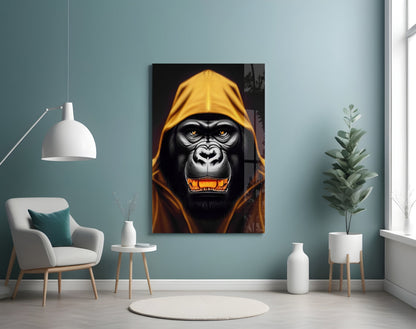 Yellow Hooded Gorilla Gold Grin Glass Wall Art