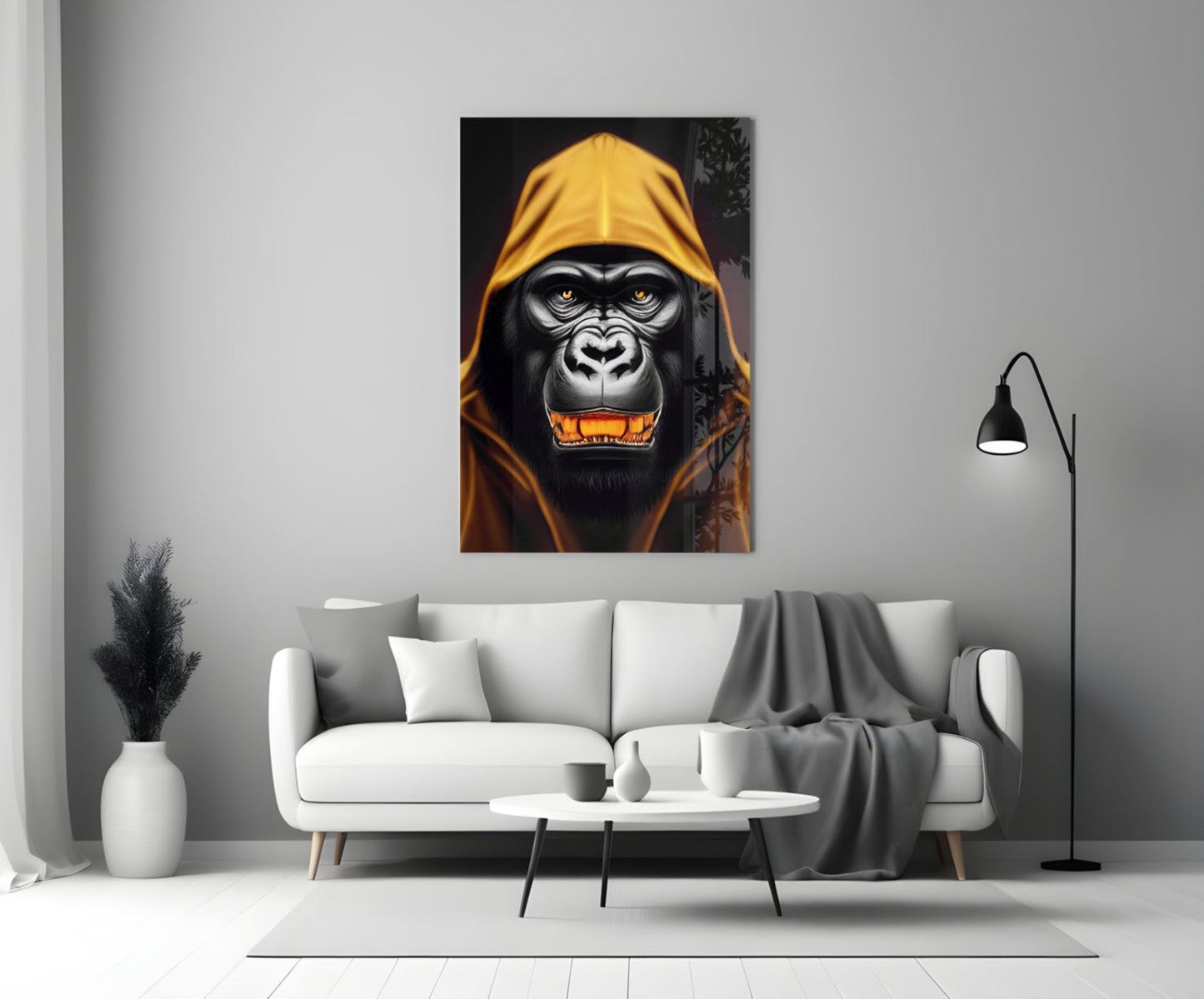 Yellow Hooded Gorilla Gold Grin Glass Wall Art