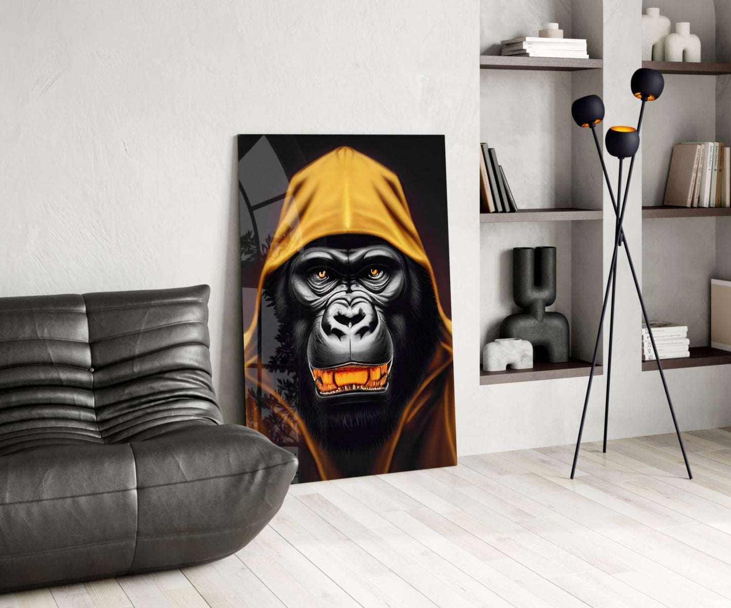 Yellow Hooded Gorilla Gold Grin Glass Wall Art