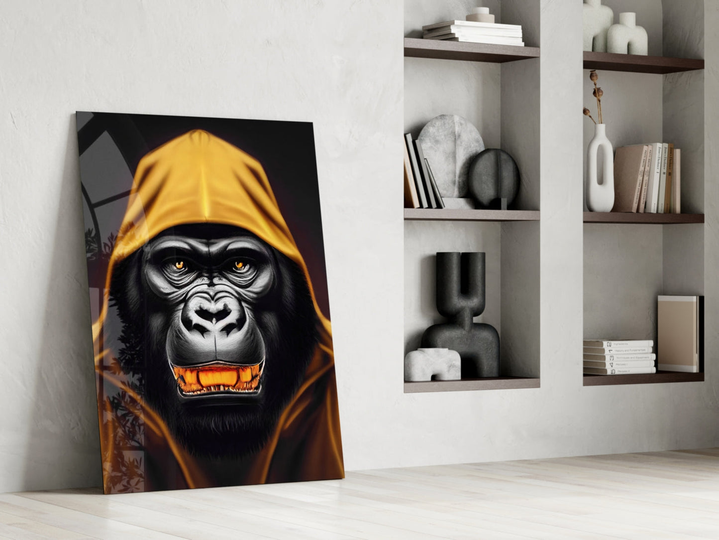 Yellow Hooded Gorilla Gold Grin Glass Wall Art