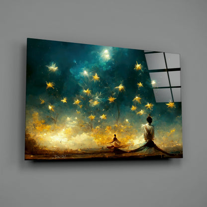 Meditation Falling Stars Teal Glass Wall Art