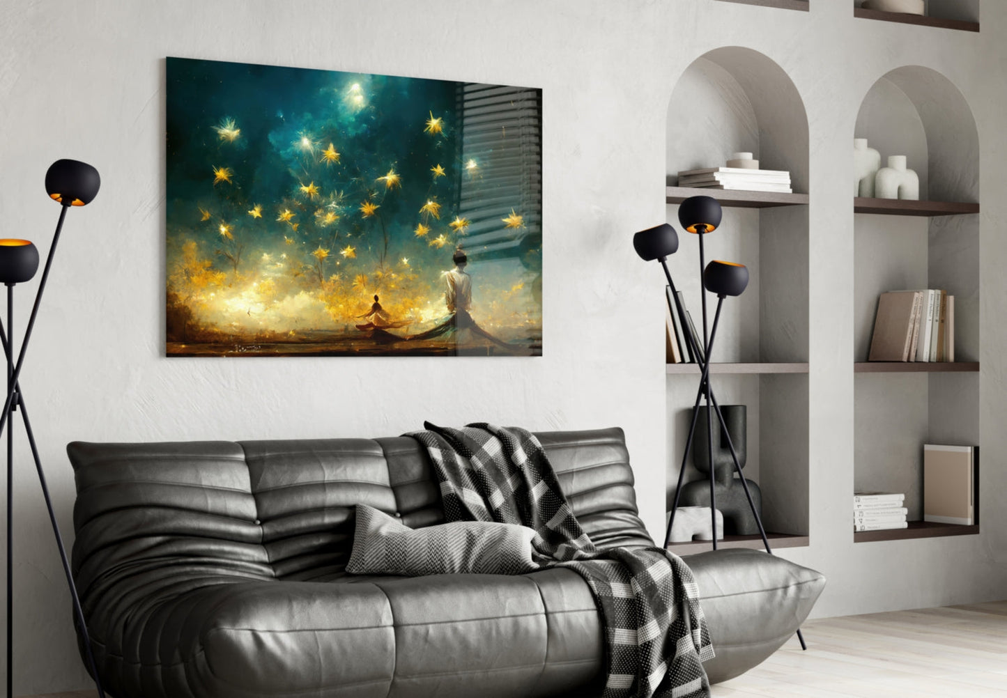 Meditation Falling Stars Teal Glass Wall Art