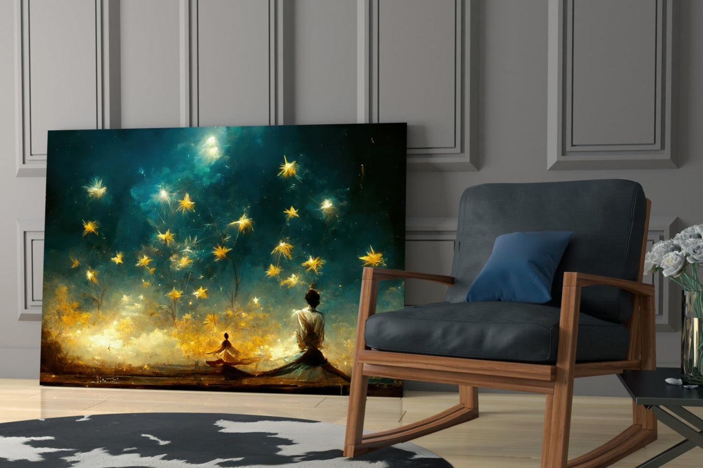 Meditation Falling Stars Teal Glass Wall Art