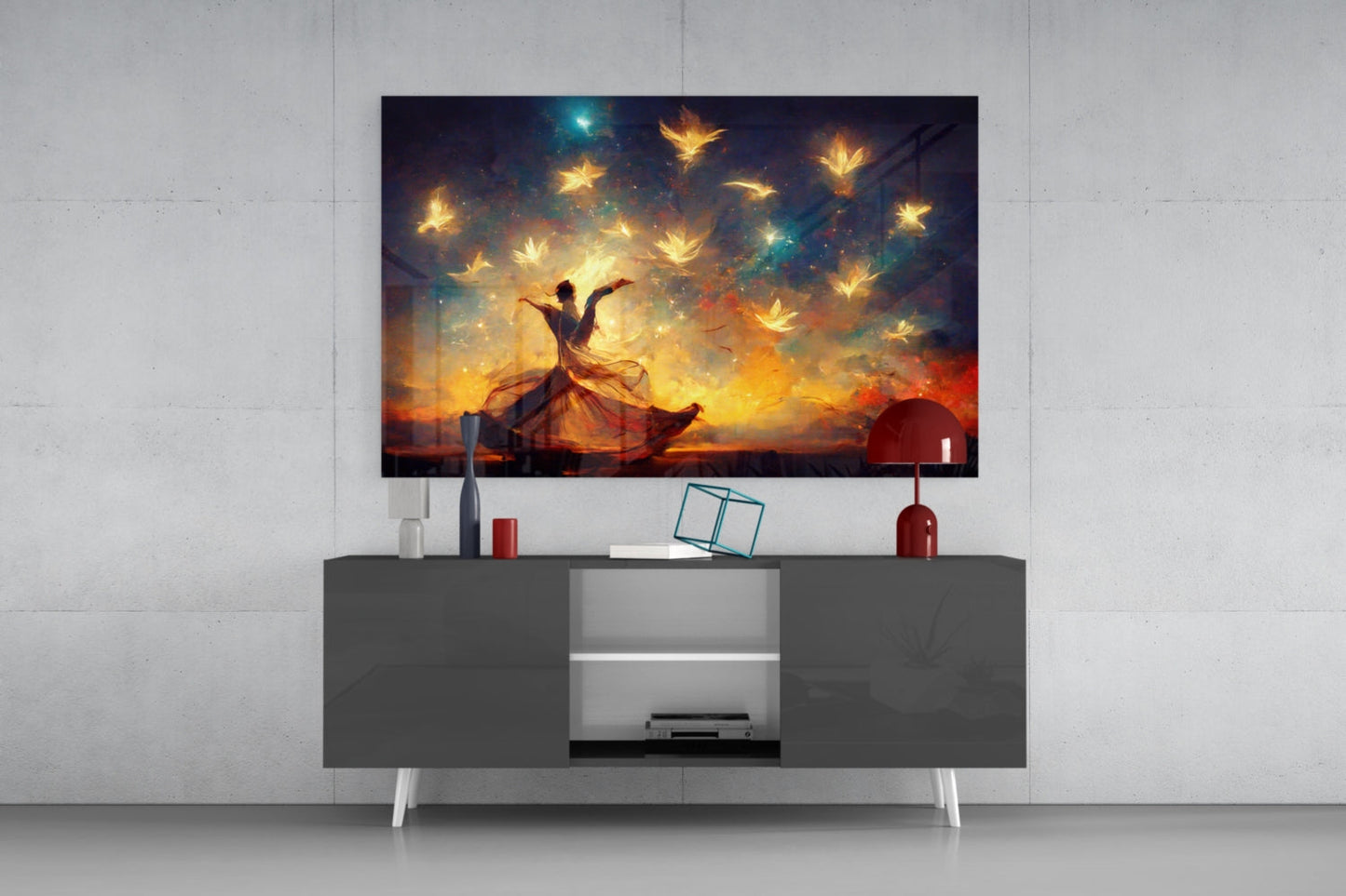 Dancer Glowing Birds Sunset Glass Wall Art