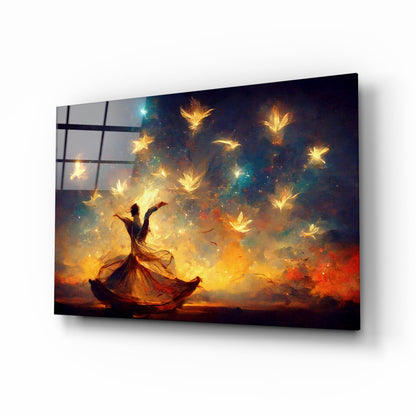 Dancer Glowing Birds Sunset Glass Wall Art