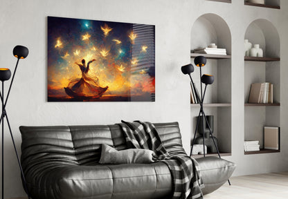 Dancer Glowing Birds Sunset Glass Wall Art