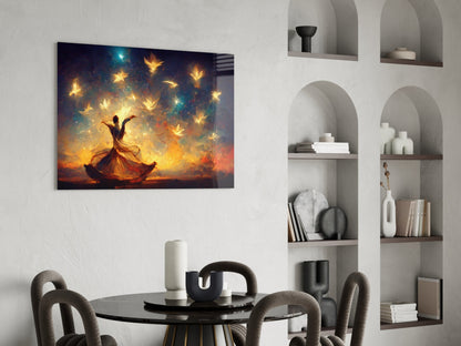 Dancer Glowing Birds Sunset Glass Wall Art