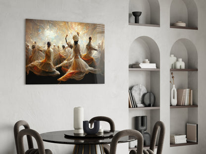 Whirling Dervishes Golden Light Glass Wall Art
