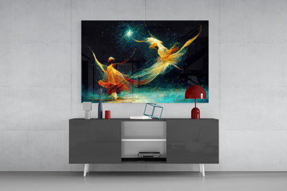 Golden Dancers Cosmic Teal Glass Wall Art