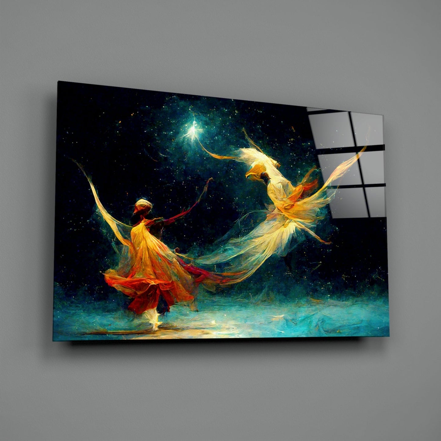 Golden Dancers Cosmic Teal Glass Wall Art