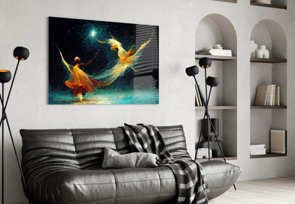Golden Dancers Cosmic Teal Glass Wall Art