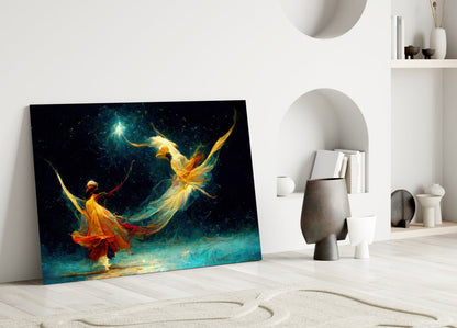 Golden Dancers Cosmic Teal Glass Wall Art
