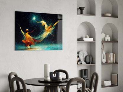 Golden Dancers Cosmic Teal Glass Wall Art