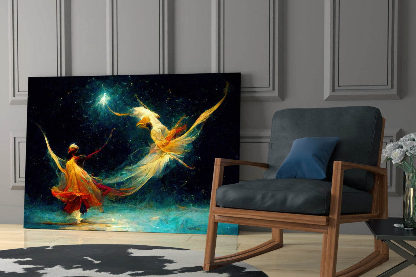 Golden Dancers Cosmic Teal Glass Wall Art