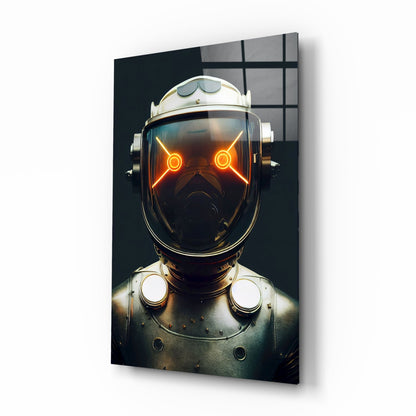 Futuristic robot head with glowing orange eyes on dark background, mounted on glass wall art panel.
