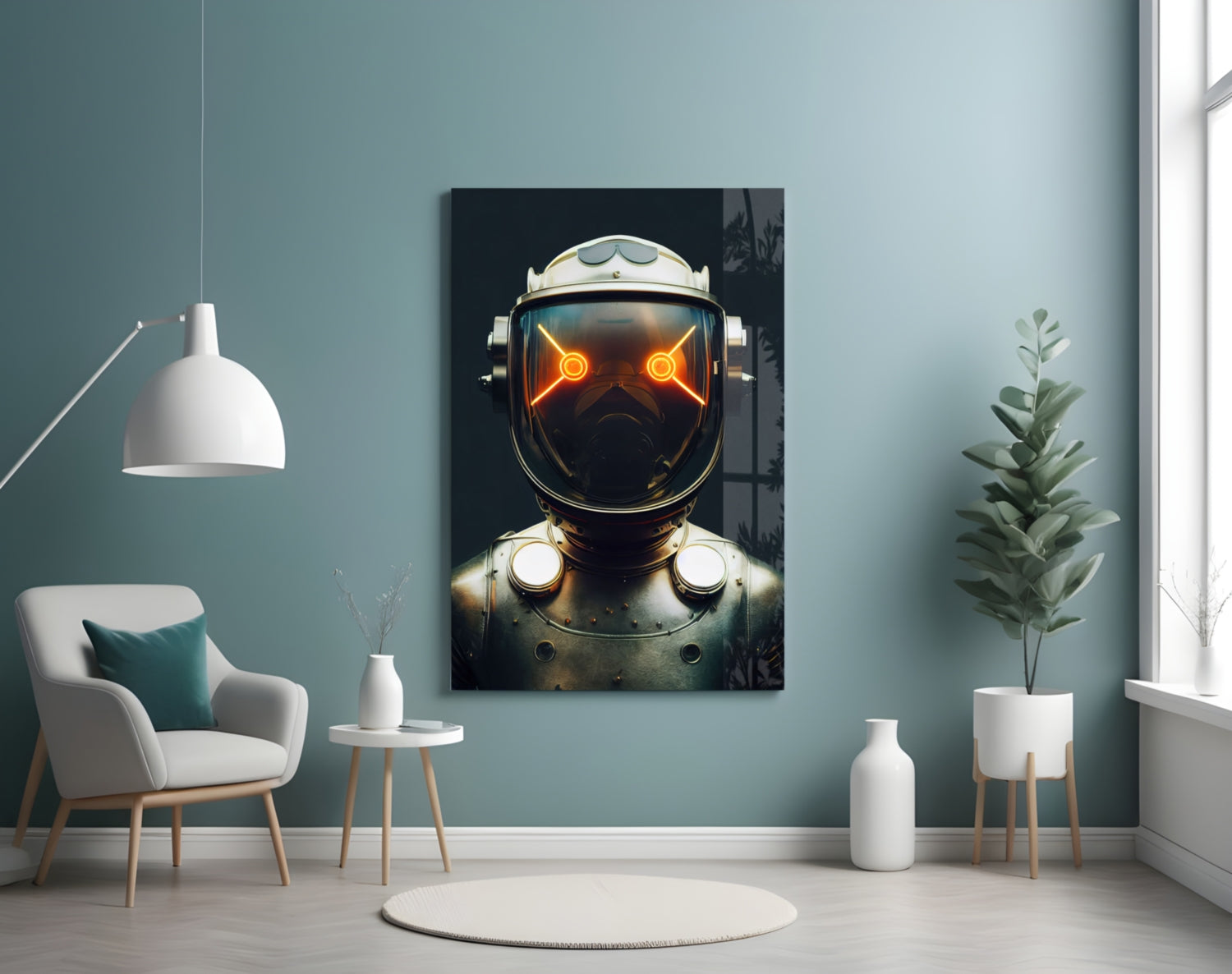 Framed canvas artwork depicting a robotic head with glowing orange eyes and gold metallic helmet displayed on a teal wall above a white chair.