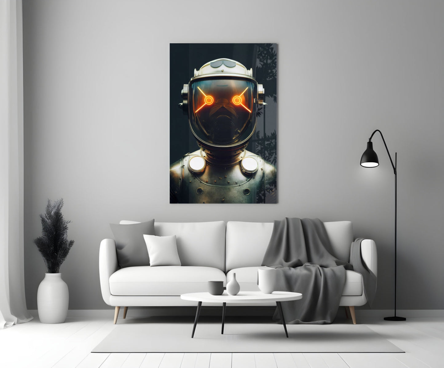 Futuristic robot head with glowing orange eyes and metallic armor displayed above white sofa in modern living room.