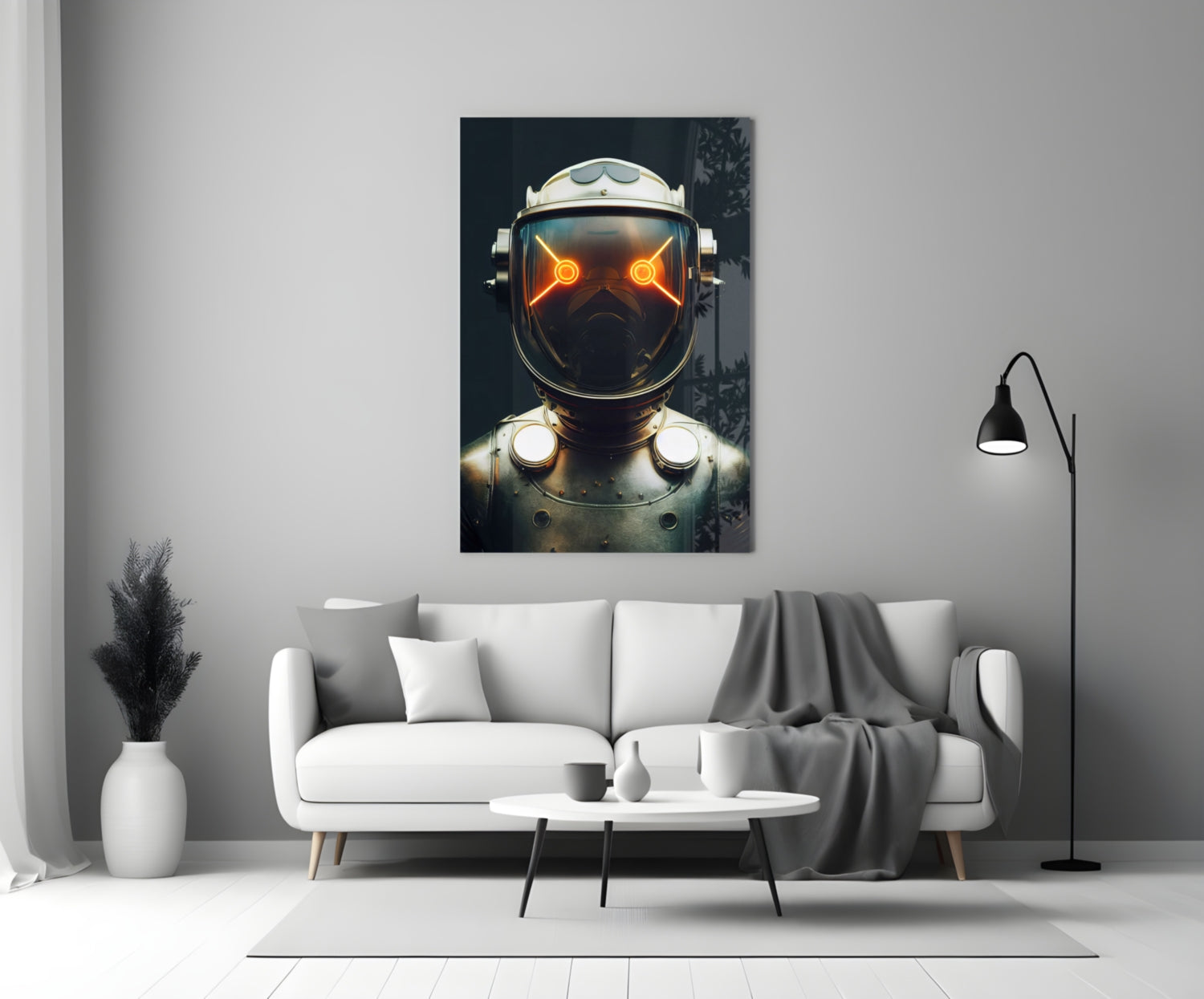 Futuristic robot head with glowing orange eyes and metallic armor displayed above white sofa in modern living room.