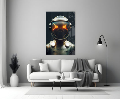 Futuristic robot head with glowing orange eyes and metallic armor displayed above white sofa in modern living room.