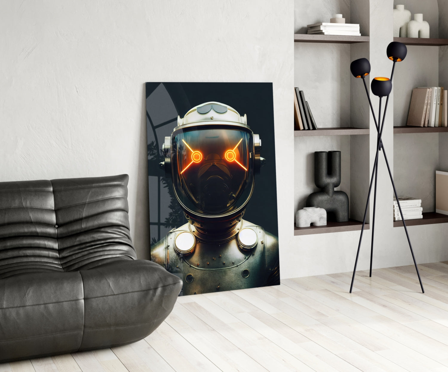 Futuristic robot head with glowing orange eyes displayed in modern living room with gray sofa and wooden shelving.